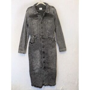 Wash Lab Denim Dress Women's M Gray Acid Wash Button Front Raw Hem Midi